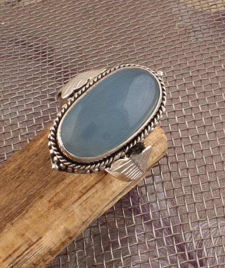 Ice Blue Chalcedony Oval Gemstone Ring, 925 Sterling Silver Ring, Designer Silver Rope Ring, Handmade Carved Leaves Ring, Engagement Ring