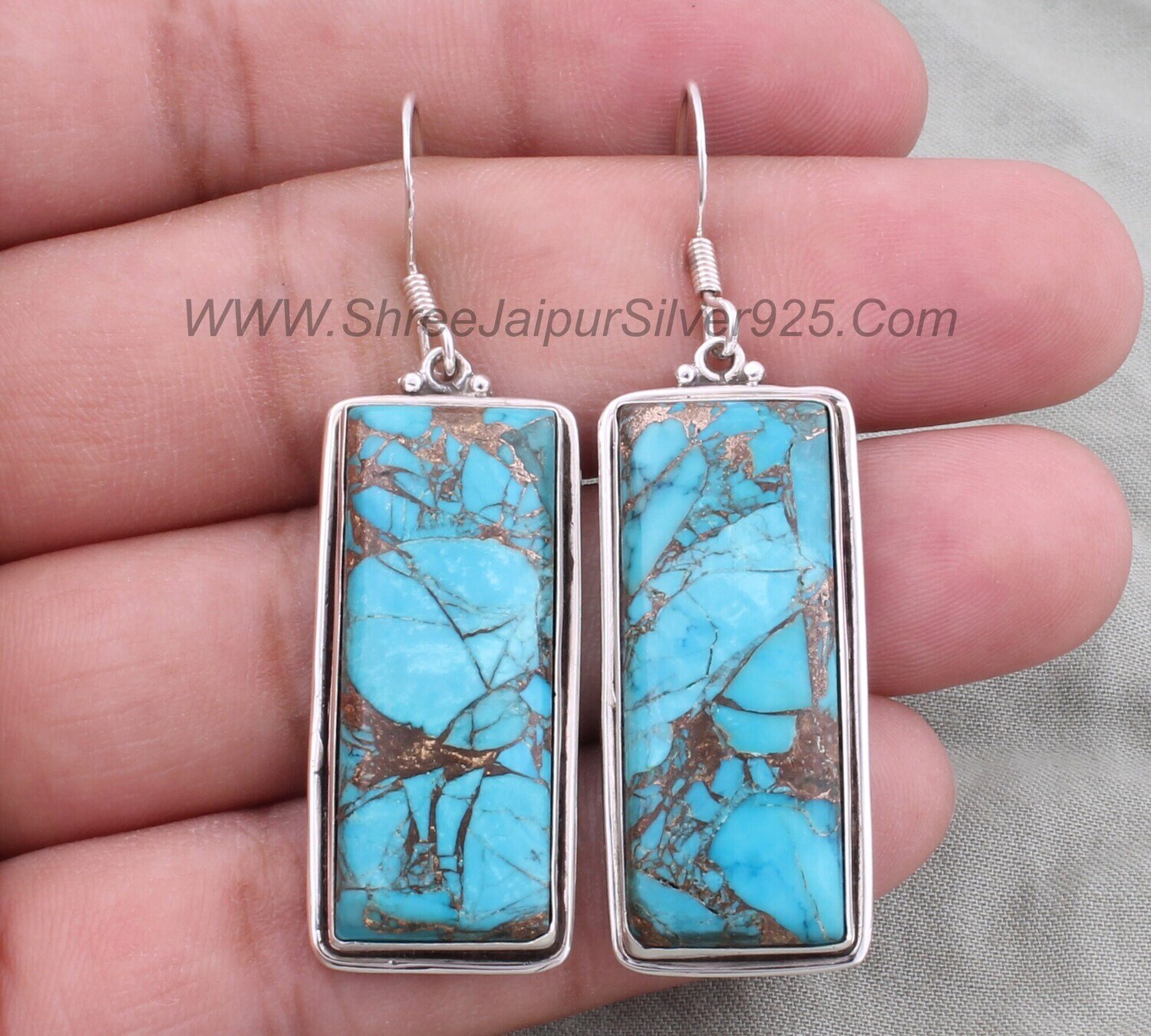 Blue Copper Turquoise Rectangle Bar Stone Solid 925 Sterling Silver Earrings For Women, Handmade Silver Earring For Wedding Anniversary Gift