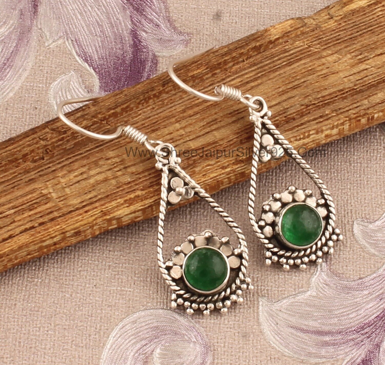 Green Jade Round Stone Solid 925 Sterling Silver Earrings For Women, Handmade Designer Silver Earrings For Wedding Anniversary Gift For Her