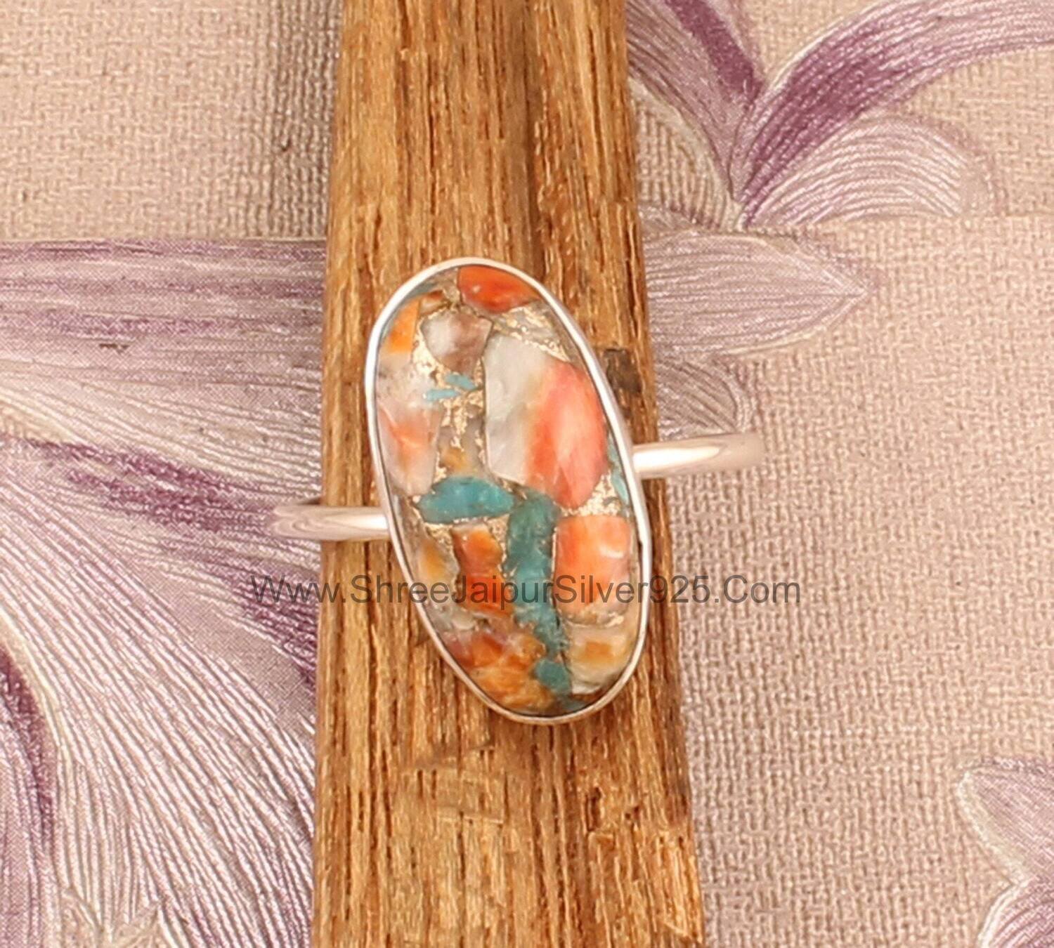 Oyster Copper Turquoise Solid 925 Sterling Silver Ring For Women, Handmade Mix Oyster Oval Stone Ring For Wedding Anniversary Gift For Her