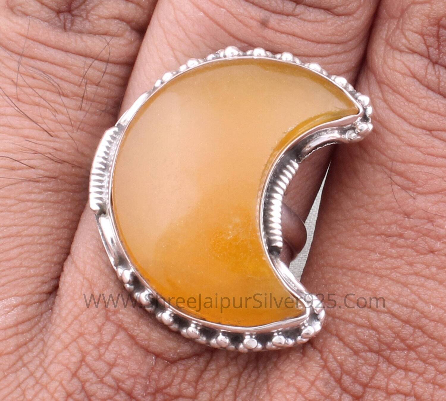 Large Yellow Jade Solid 925 Sterling Silver Ring For Women, Handmade Crescent Moon Gemstone Band Ring For Wedding Anniversary Gift For Women