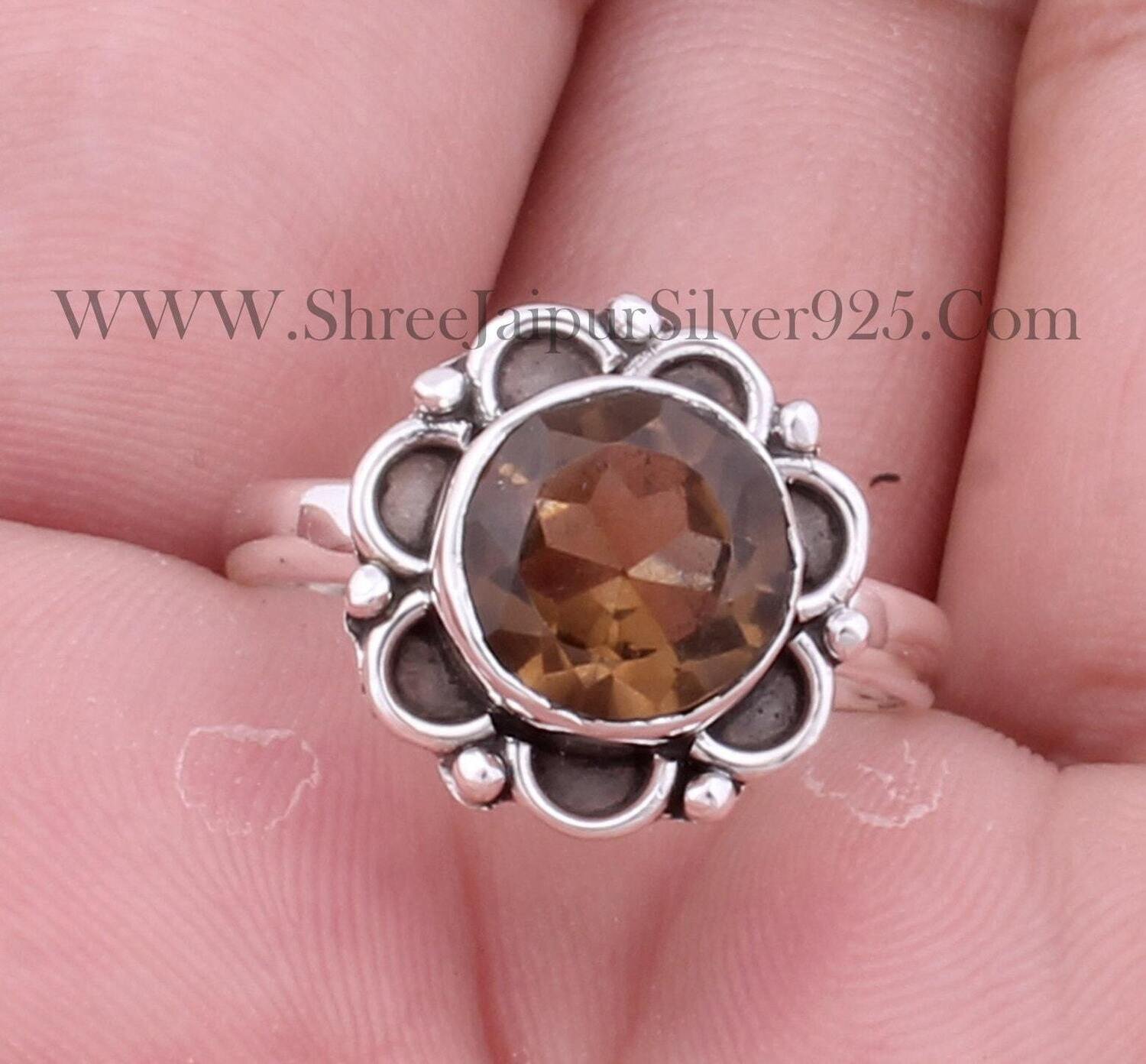 Natural Smoky Topaz Solid 925 Sterling Silver Ring For Women, Designer Handmade Faceted Cut Round Gemstone Solid Silver Ring For Women Gift