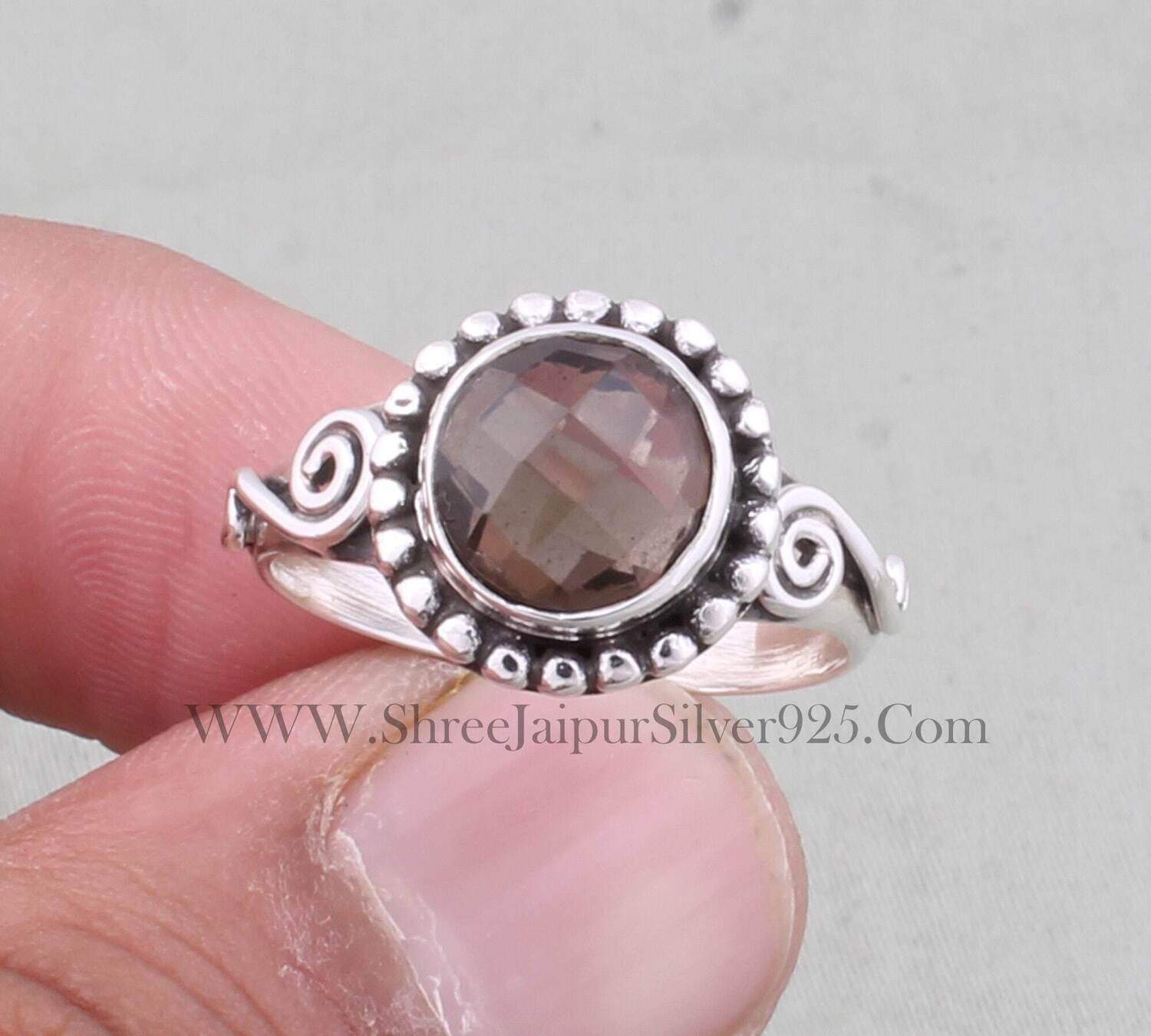 Spiral Natural Smoky Topaz Solid 925 Sterling Silver Ring For Women, Handmade Faceted Cut Round Gemstone Solid Silver Ring For Women Gift