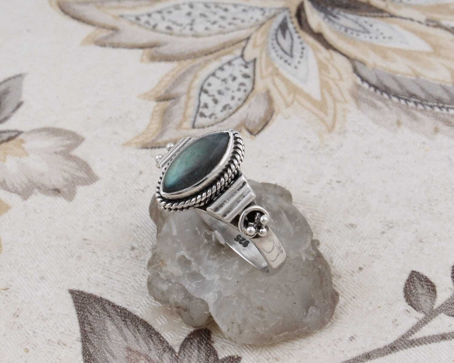Handcrafted Ring With Natural Labradorite Gemstone Ring Cabochon Fire Stone Boho Ring 925-Sterling Solid Silver Ring Gift For You !Cyber2021