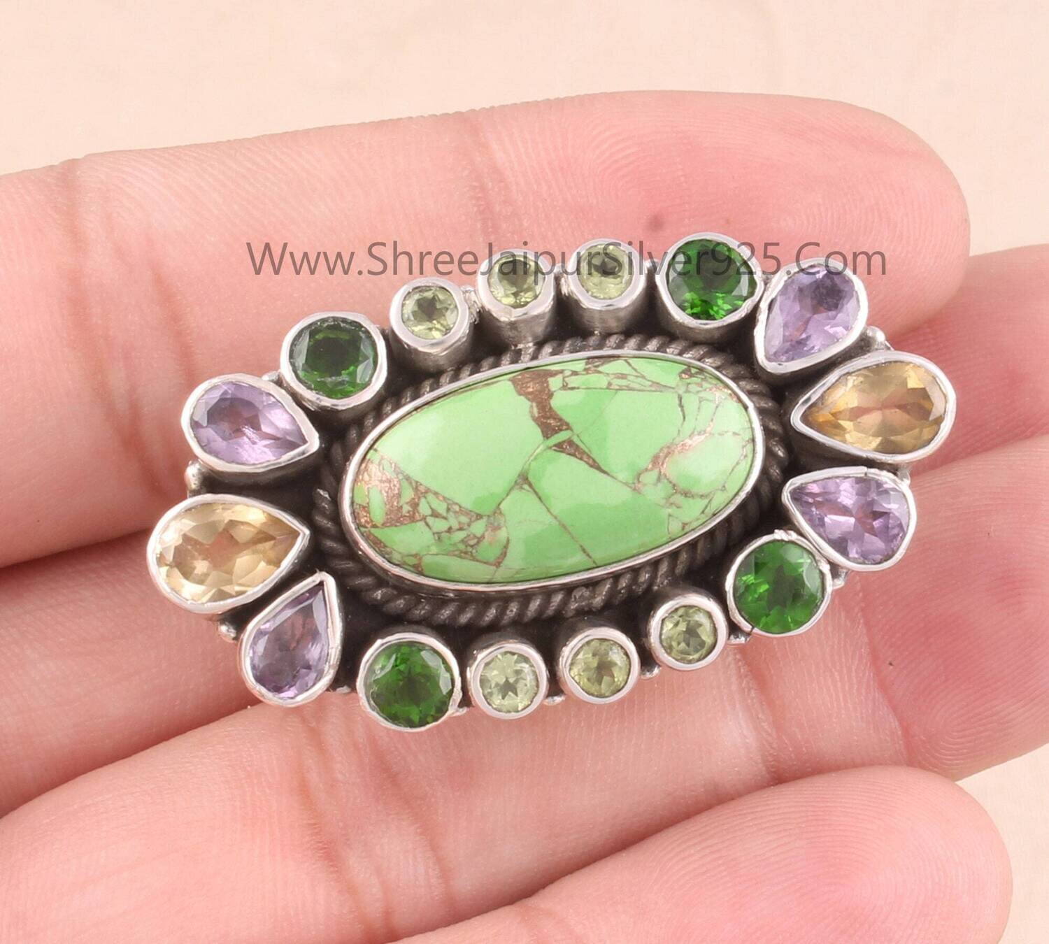 Beautiful Composite+Peridot+Amethyst+Citrine Gemstone Ring Cabochon &amp; Cut Stone AND Combo Ring Handmade Silver Ring Long Ring Gift For Her