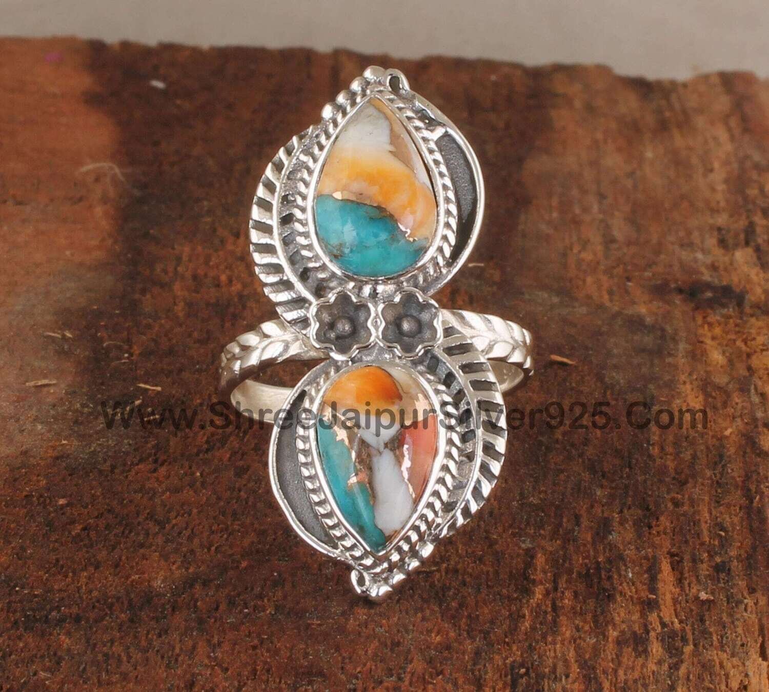 Oyster Turquoise Carved Leaves Solid 925 Sterling Silver EngravedBirthstone