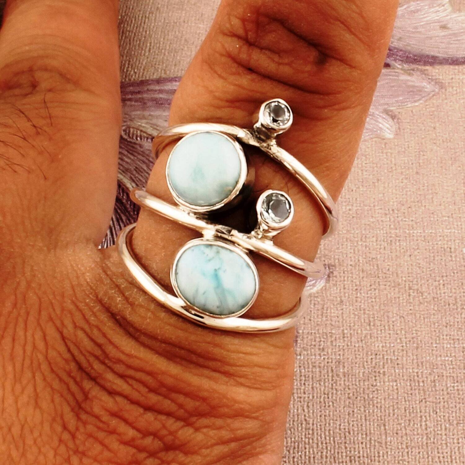Silver Ring 925 Sterling Silver Larimar-Blue Topaz Gemstone Ring-Silver 925 Gemstone Ring Antique Silver ETSYCYBER2021Cyber2021Birthstone
