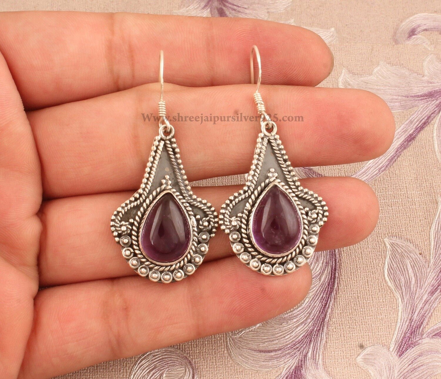 Natural Purple Amethyst Solid 925 Sterling Silver Earrings For Women, Handmade Engraved Indian Design Earrings For Wedding Anniversary Gift