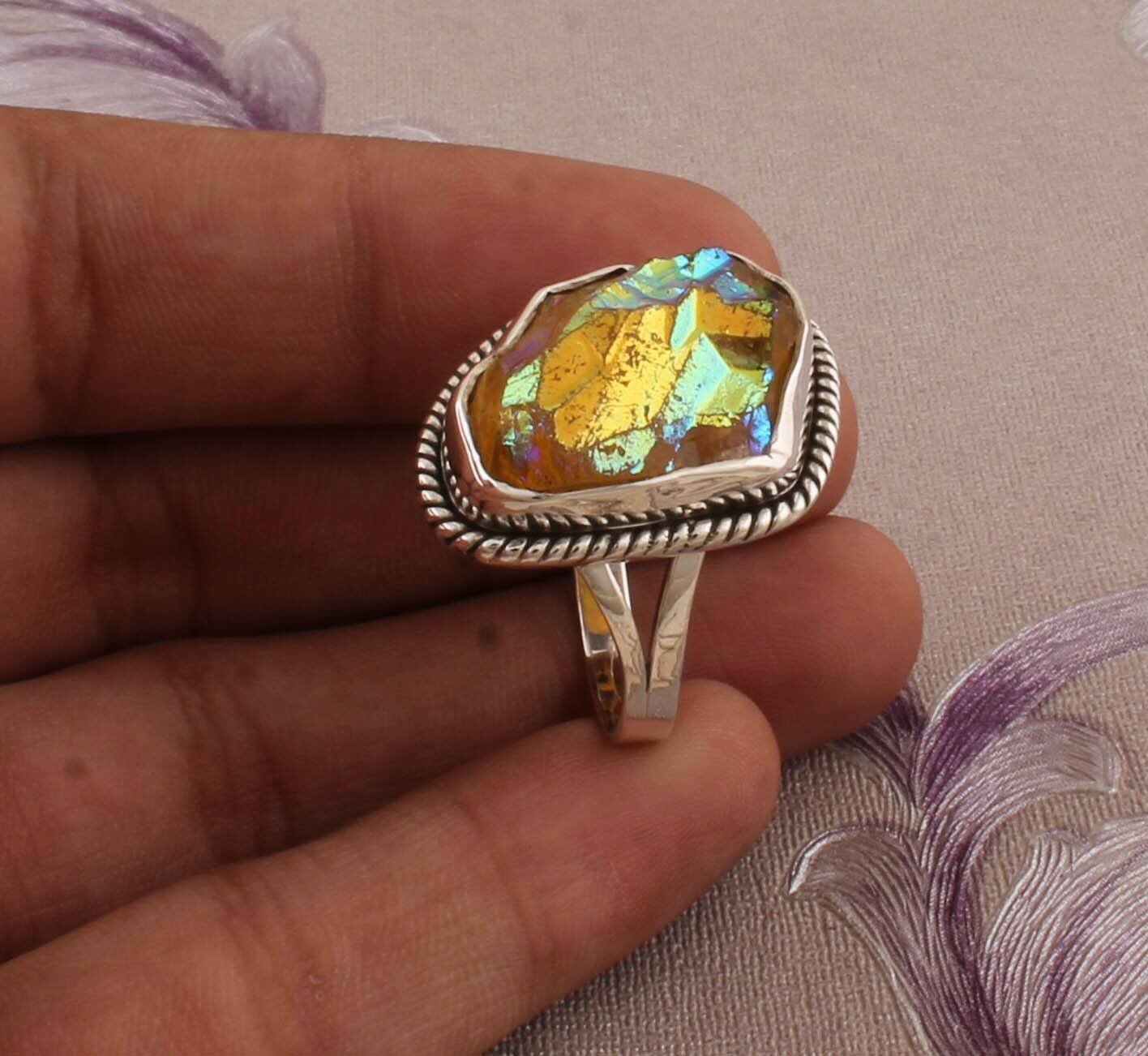 AAA+Quality Druzy Quartz Raw Gemstone Ring 925-Sterling Silver Ring,Antique Silver Ring Middle Finger Ring Raw Stone Color Full Ring
