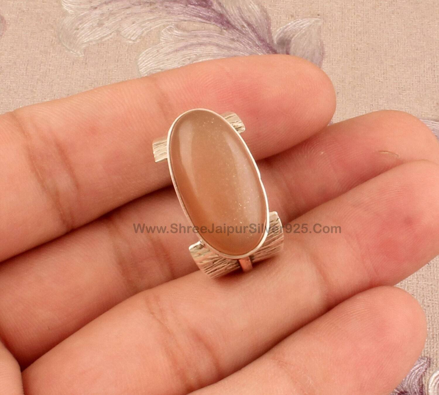 Natural Peach Moonstone Silver Band Ring, 925 Sterling Silver &amp; Brass Moonstone Ring, Designer Handmade Gemstone Ring, Christmas Gift Idea