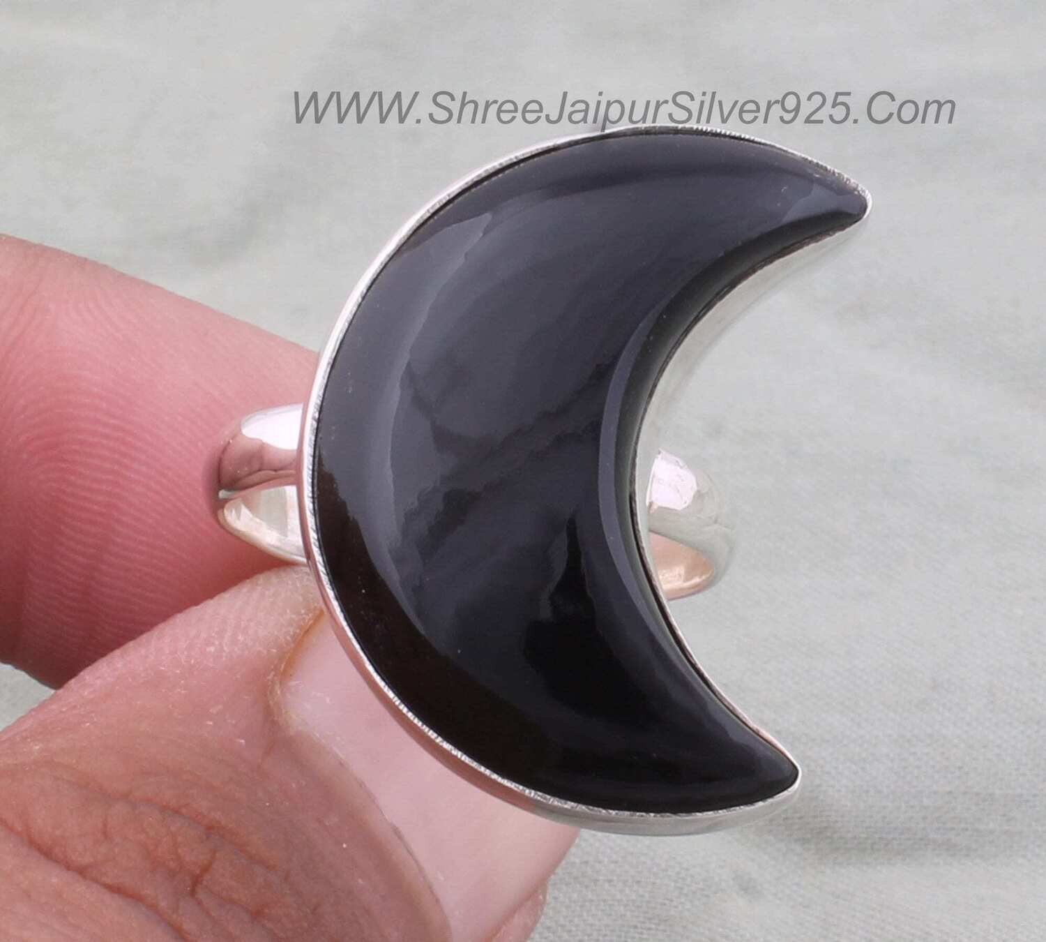 Large Crescent Moon Black Onyx Ring, Solid 925 Sterling Silver Ring For Women Handmade Women Silver Moon Ring For Wedding Anniversary Gifts