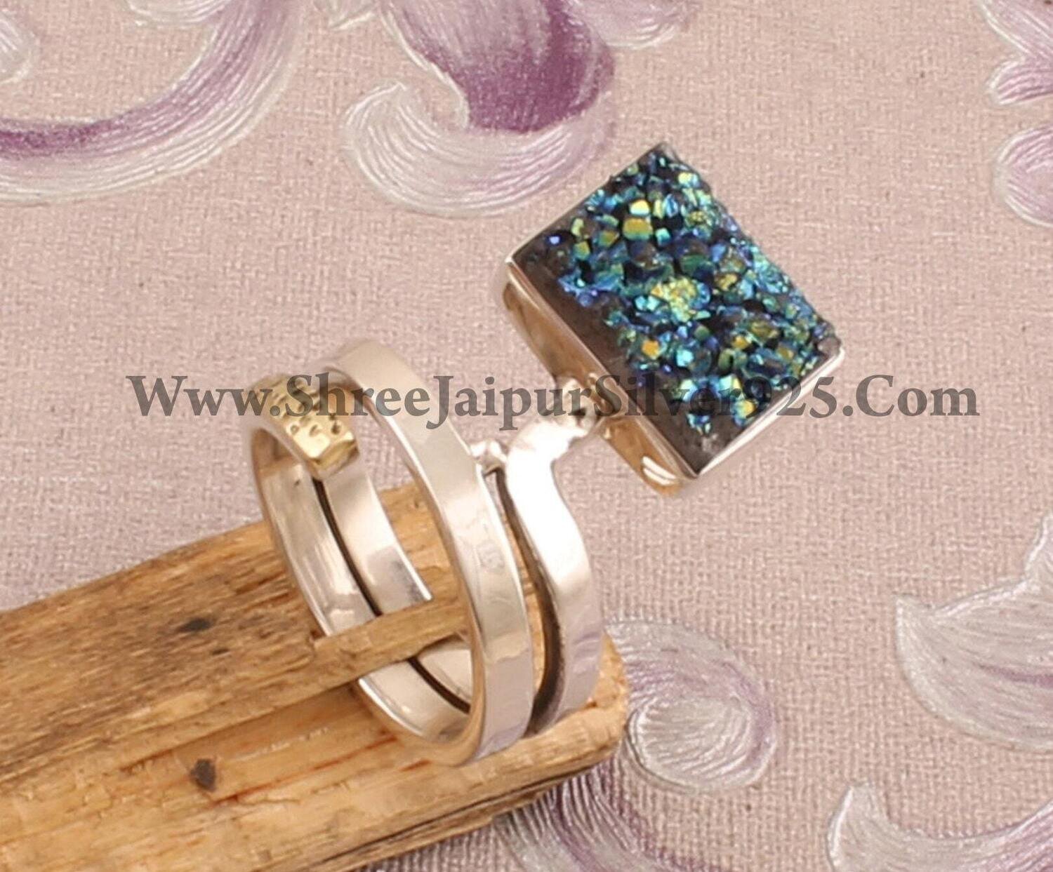 925 Sterling Silver Titanium Druzy Rectangle Rings, Designer Handmade Silver Wrap Band Ring, Women Fashion Jewelry, Valentines Day Gift Idea