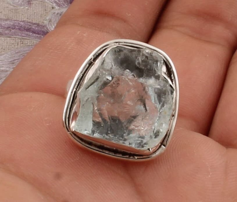 One-Of-Kind Item Natural Aquamarine Top Quality Gemstone  Rough Ring,925 Sterling Solid Silver Ring,Sky Blue Color Rough Middle Ring,