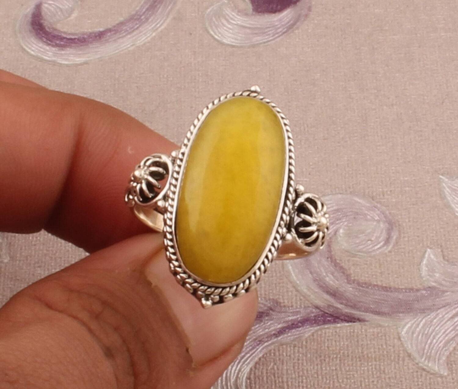 925 Sterling Silver Rings For Women Natural Yellow Jade Ring Oval Handmade Silver Gemstone Jewelry Engagement Vintage Dainty Valentine's Day