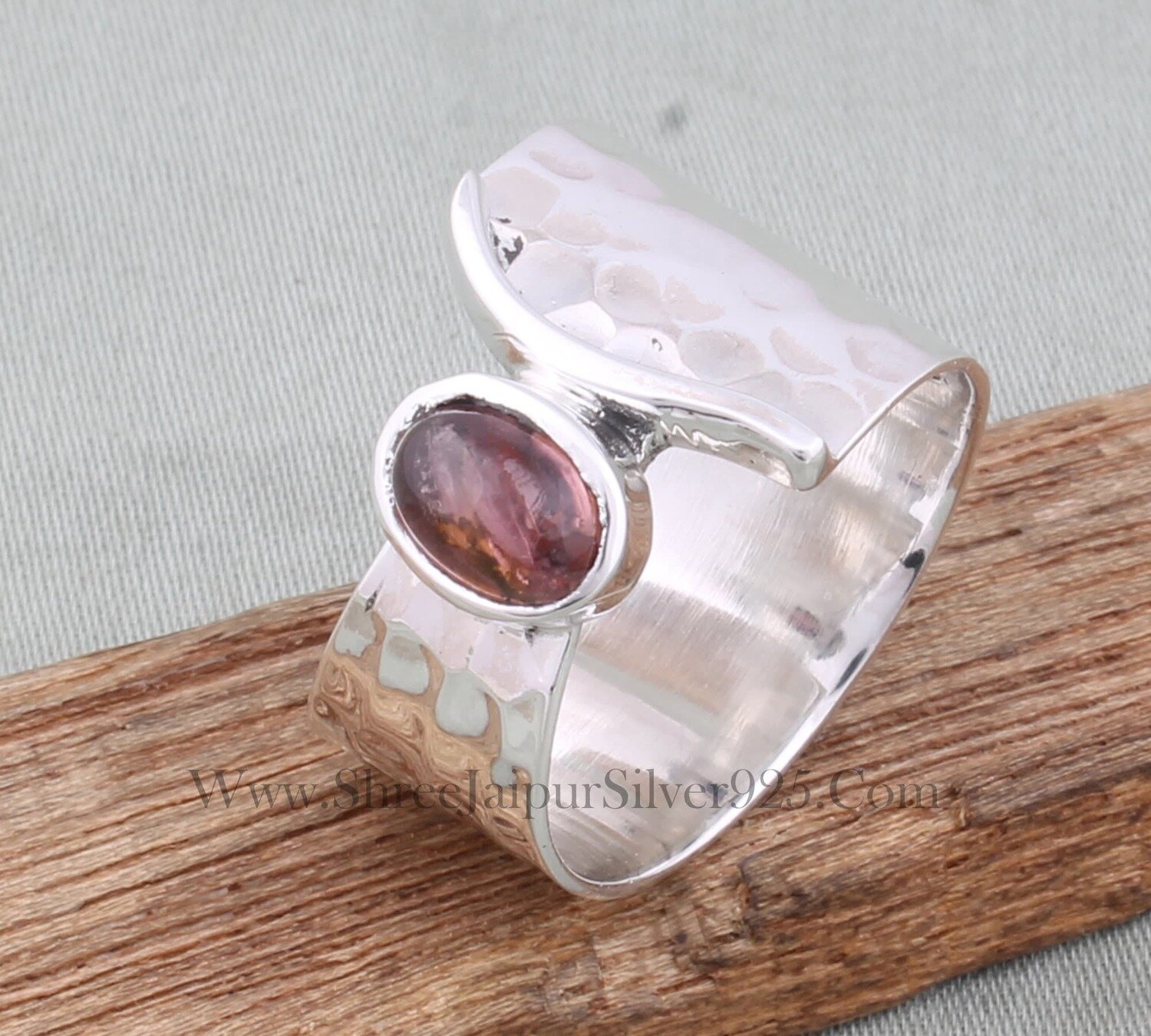 Natural Tourmaline Oval Solid 925 Sterling Silver Ring For Women, Handmade Silver Hammered Designer Band Ring For Wedding Anniversary Gift
