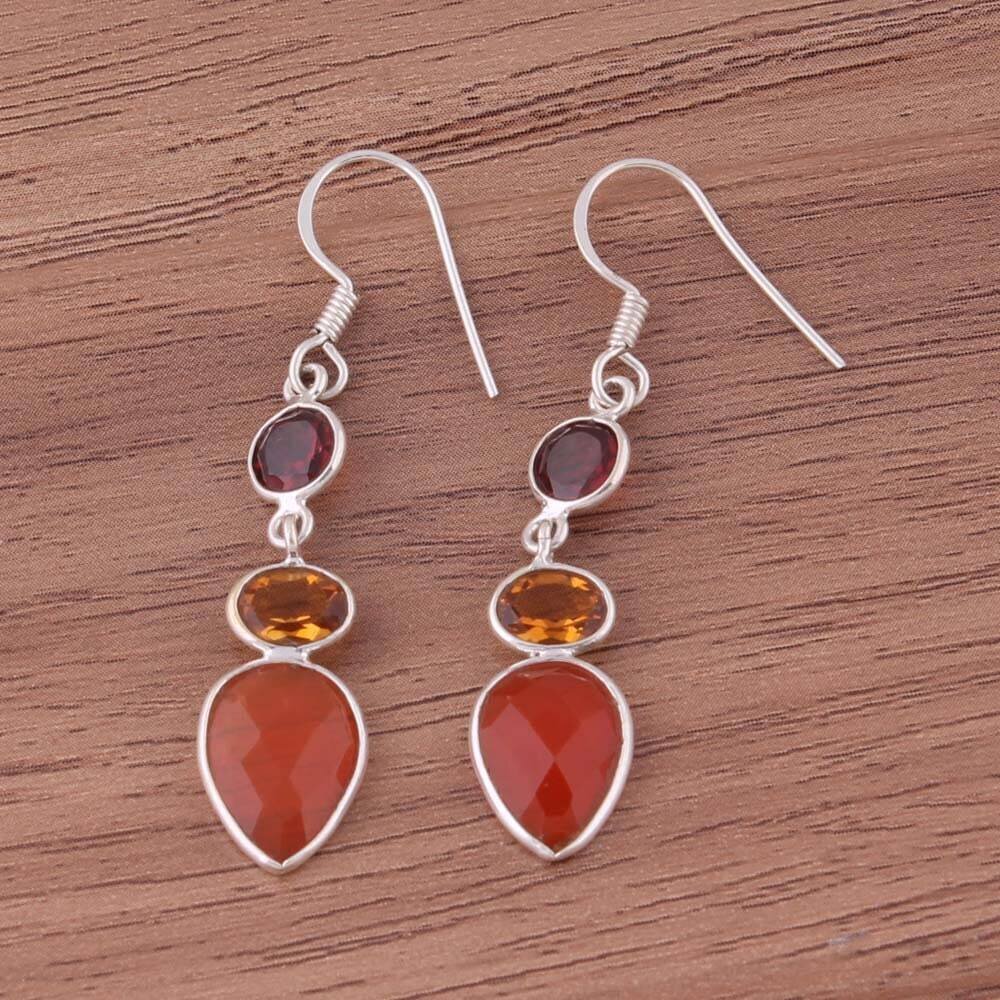 Red Garnet, Citrine &amp; Red Onyx 925 Sterling Silver Earrings For Wedding, Handmade Bezel Set Three Stone Silver Earrings For Women Gift Idea