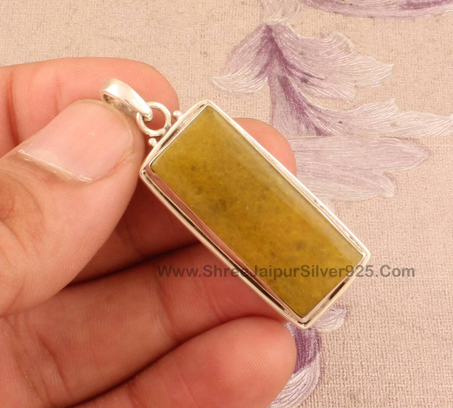 925 Sterling Silver Yellow Jade Necklace Pendant, Boho Bridal  Rectangle Gemstone Silver Pendant, Jewelry For Wedding Anniversary Gift Idea