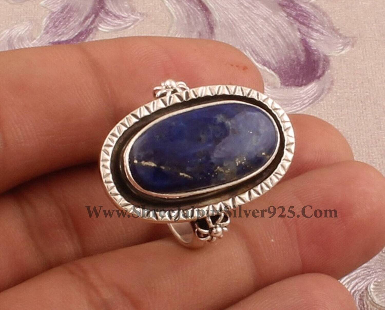 Natural Lapis Lazuli Ring, 925 Sterling Silver Rings For Women, Blue Oval Cabochon Handmade Gemstone Jewelry, Engagement, Boho, Gift For Mom