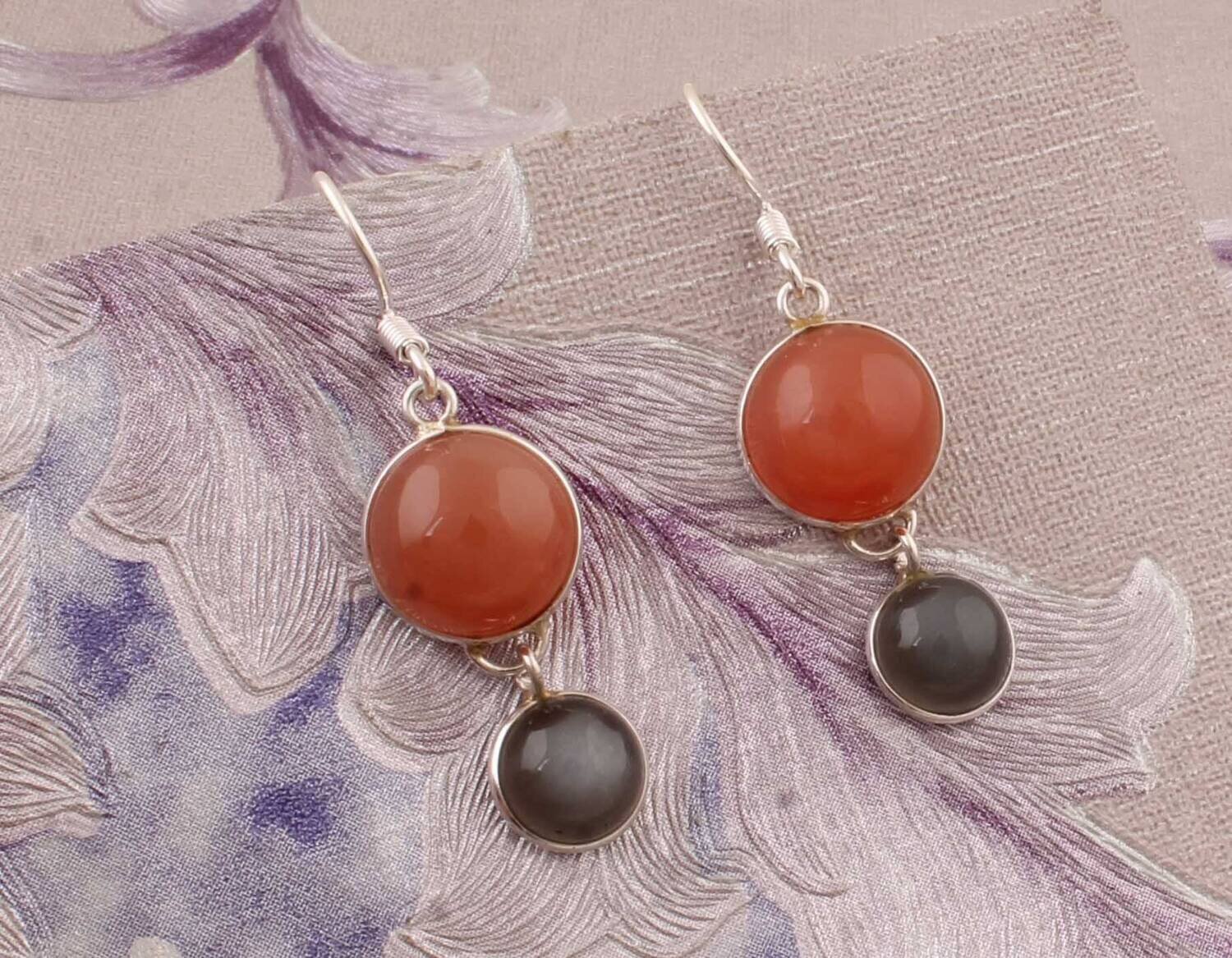 Combo Gemstone Earring Peach Moonstone+Labradorite Gemstone Earring 925-Sterling Silver Earring Big Size Two Stone Earring Gift For Her
