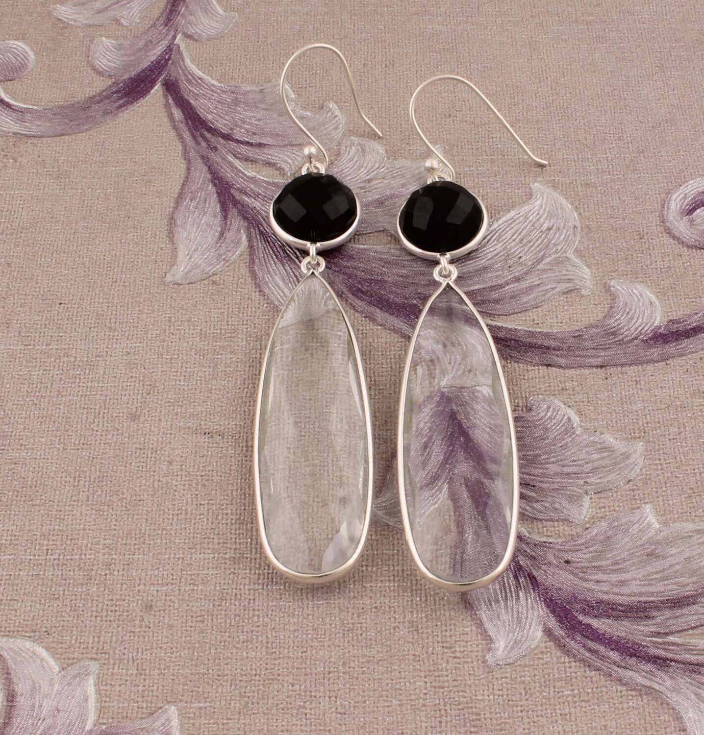 Combo Gemstone Earring Black Onyx+Crystal Gemstone Earring 925-Sterling Silver Earring Big Size Two Stone Earring Long Gift EarringCyber2021