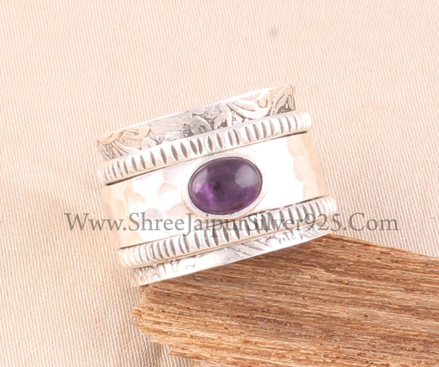 Amethyst Band Solid 925 Sterling Silver Spinner Ring For Women, Handmade Hammered Band Anxiety Fidget Ring Gifts For AnniversaryBirthstone