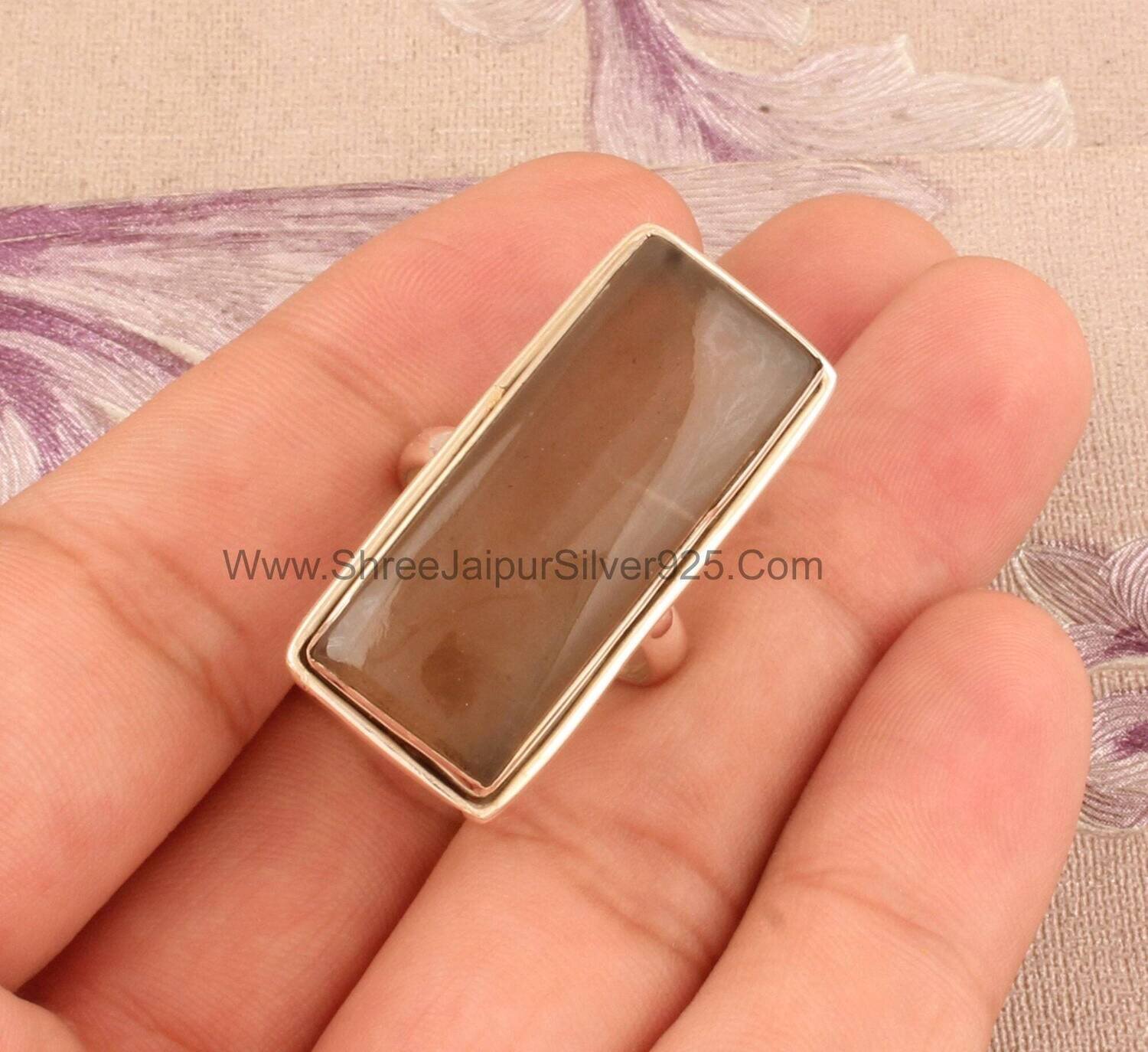 Natural Gray Moonstone Solid 925 Sterling Silver Ring For Women, Handmade Rectangle Bar Stone Band Ring For Wedding Anniversary Gift Idea