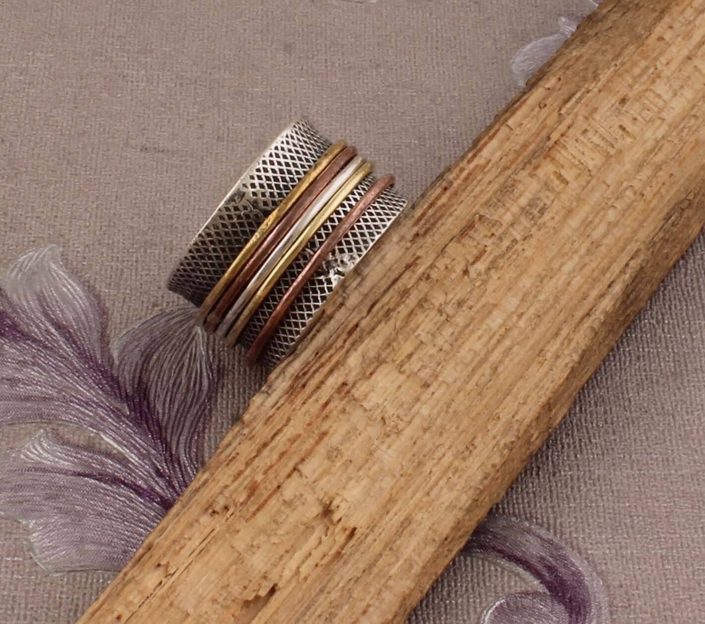 Three Tone Ring 925-Sterling Silver Ring,Spinner Ring,Antique Silver Ring,Brass With Copper With Silver Spinner Meditation Ring Thumb Ring