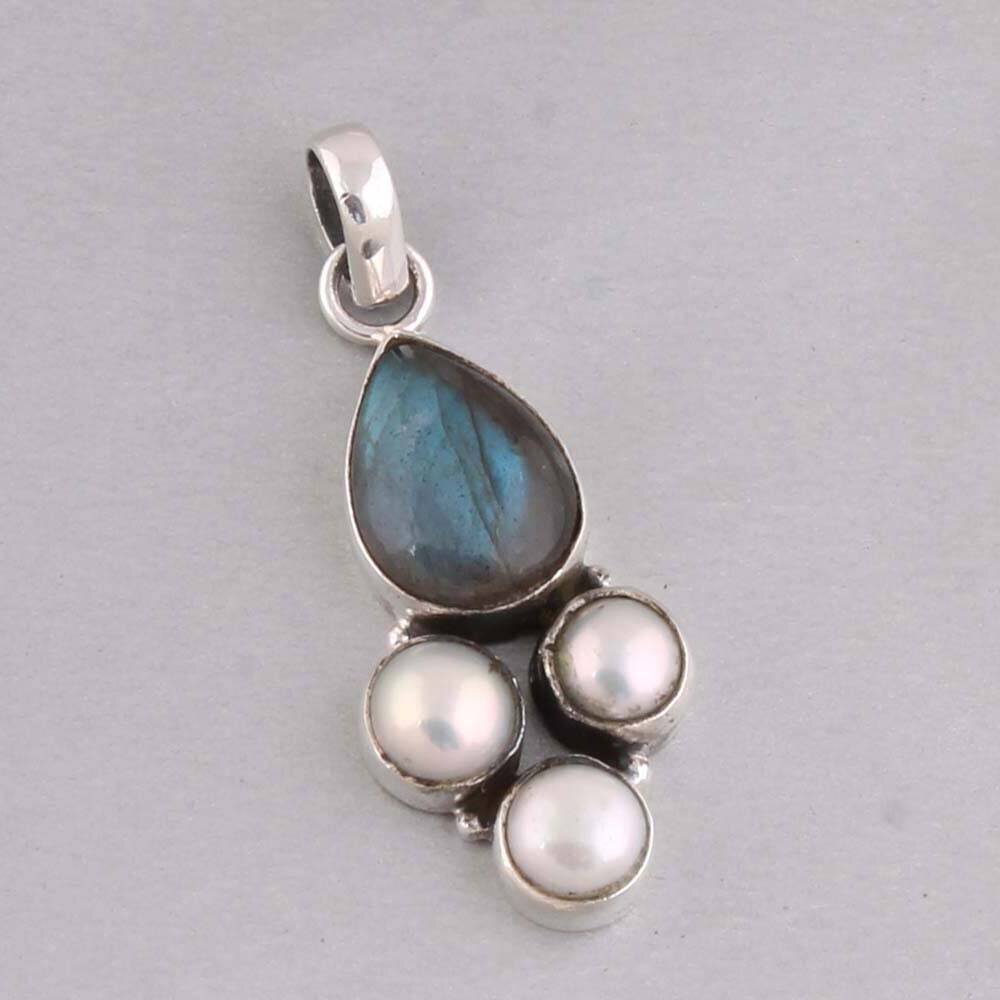 925 Sterling Silver New Fashion Labradorite, Pearl Gemstone Pendant Antique Silver