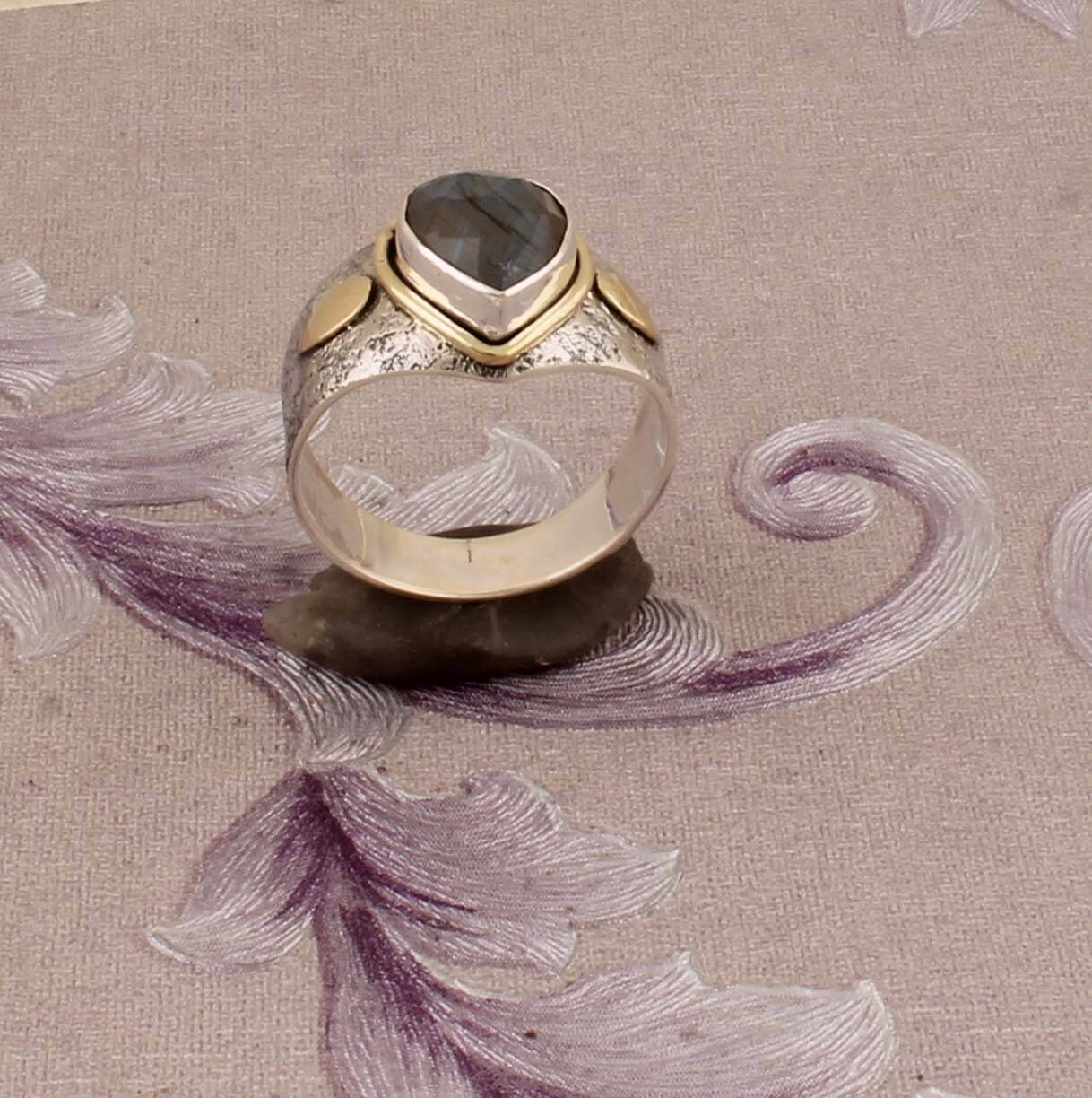 Labradorite Top Quality Gemstone Ring Pear Cabochon Fire Stone Ring 925-Antique Silver+Brass Ring Middle Finger Ring Gift For HerCyber2021