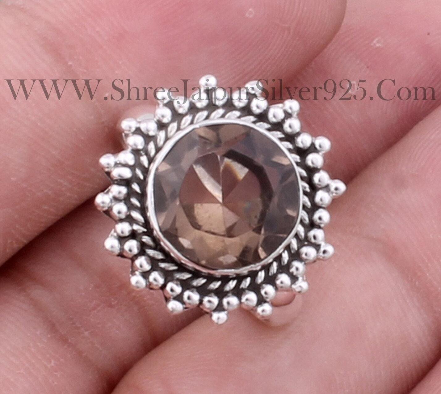 Smoky Topaz Solid 925 Sterling Silver Ring For Women, Handmade Faceted Cut Round Gemstone Solid Silver Ring For Women Wedding GiftBirthstone