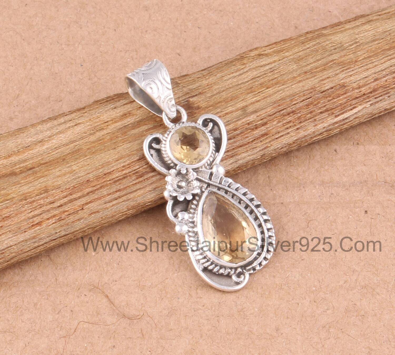 Natural Citrine Solid 925 Sterling Silver Necklace Pendant For Women, Handmade Engraved Silver Pendant For Wedding Anniversary Gift For Her