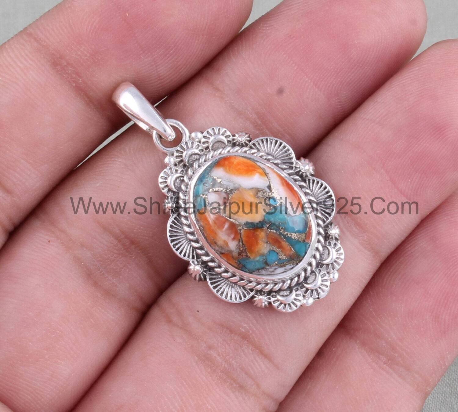 Floral Design Oyster Copper Turquoise Solid 925 Sterling Silver Necklace Pendant For Women, Engraved Jewelry For Wedding Anniversary Gift