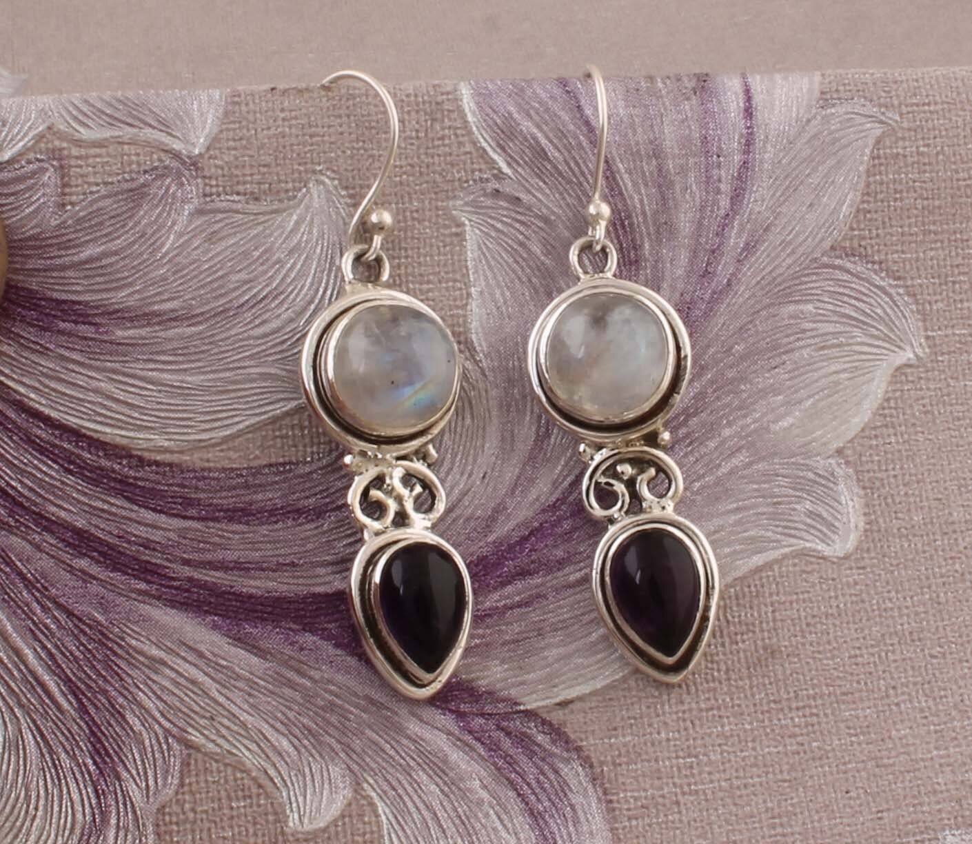 Natural Rainbow Moonstone+Amethyst Gemstone's Earring,Cabochon Fire Stone Earring 925-Sterling Silver Earring Two Stone's Combo Earring