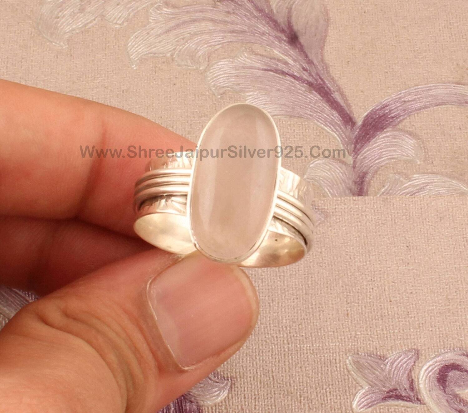 Natural Rose Quartz Oval Gemstone Spinner Ring, 925 Sterling Silver Carved Band Ring, Handmade Silver Meditation Ring, Present For Her Gift