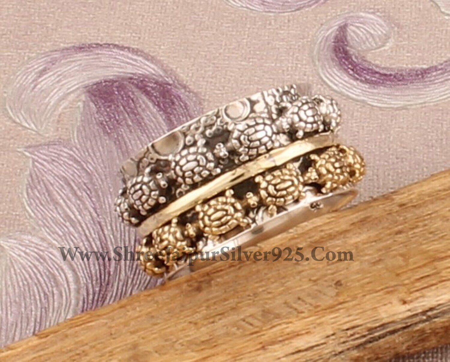 925 Sterling Silver &amp; Brass Designer Turtles Spinner Ring, Handmade Two Tone Boho Meditation Ring, Valentines Day Gift Idea, Etsy Cyber 2021