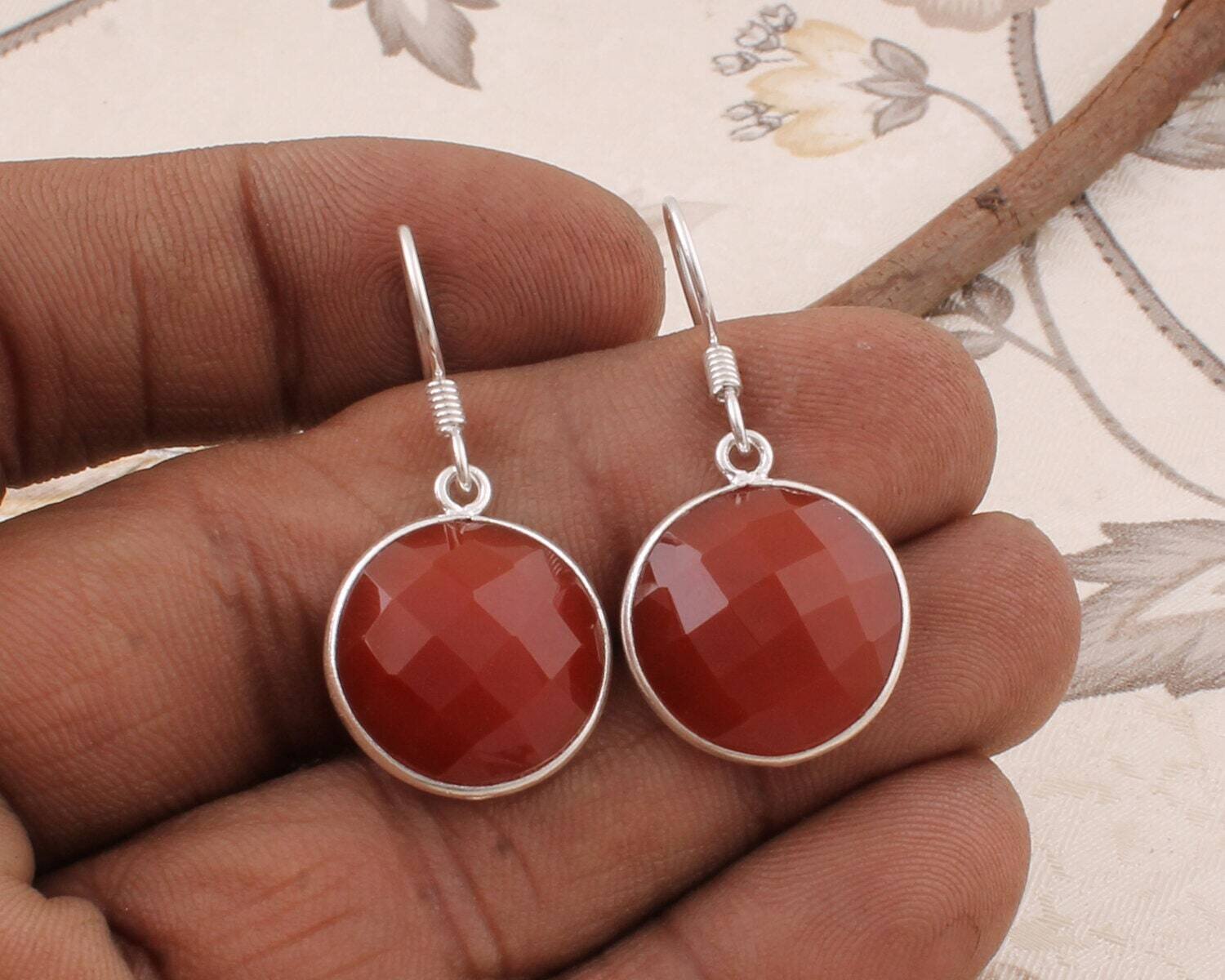 Boho Earring Natural Red Onyx Gemstone Earring Cut &amp; Cabochon Stone Handcrafted Earring 925 Sterling Solid Silver Earring  (Charm Earring)