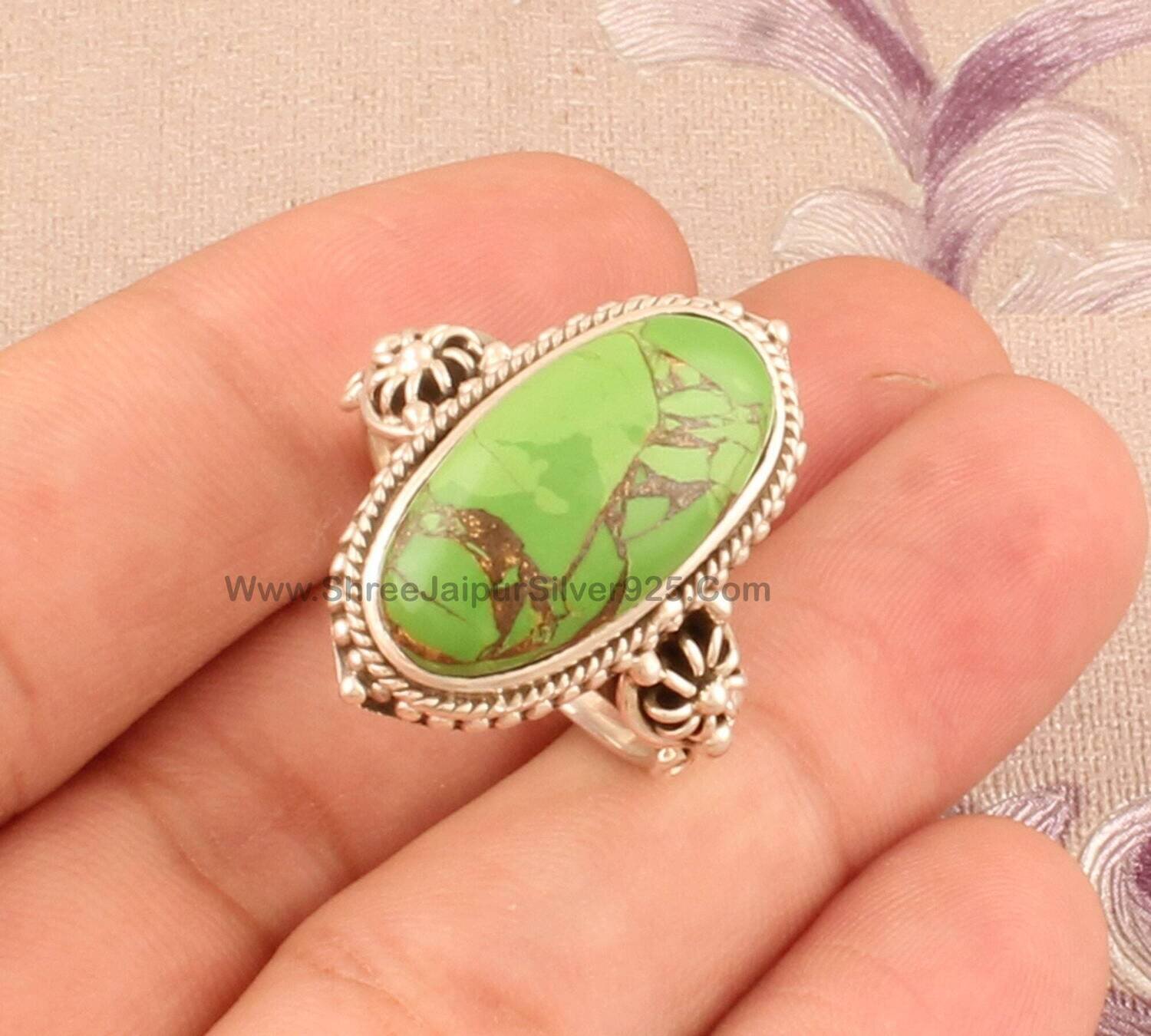 Green Copper Turquoise Solid 925 Sterling Silver Ring For Women, Designer Handmade Women Oval Stone Ring For Wedding Anniversary Gift Idea