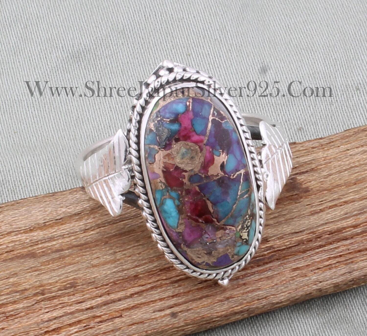 Mix Copper Solid 925 Sterling Silver Ring For Women, Hand Carved Leaves Silver Ring Handmade Oval Gemstone Ring For Wedding Anniversary Gift