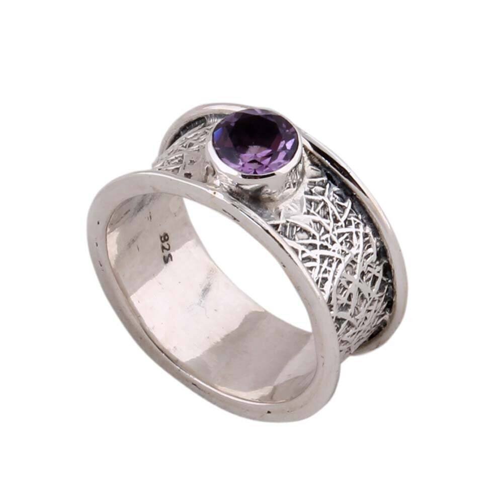 925 Sterling Silver Natural Amethyst Gemstone Band Ring, Textured Designer Handmade Jewelry Ring, Anniversary Wedding Gifts For Idea