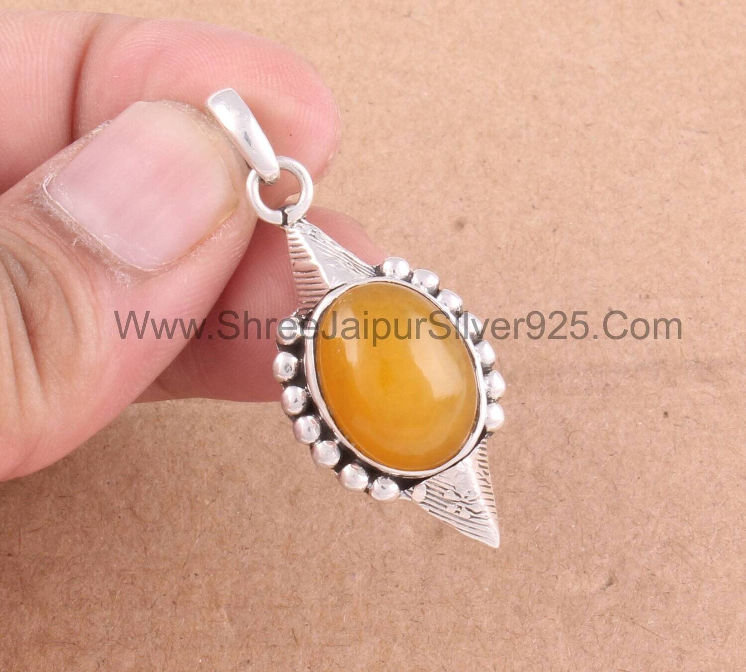 Yellow Jade Oval Solid 925 Sterling Silver Necklace Pendant For Women, Handmade Engraved Silver Pendant For Wedding Anniversary Gift For Her