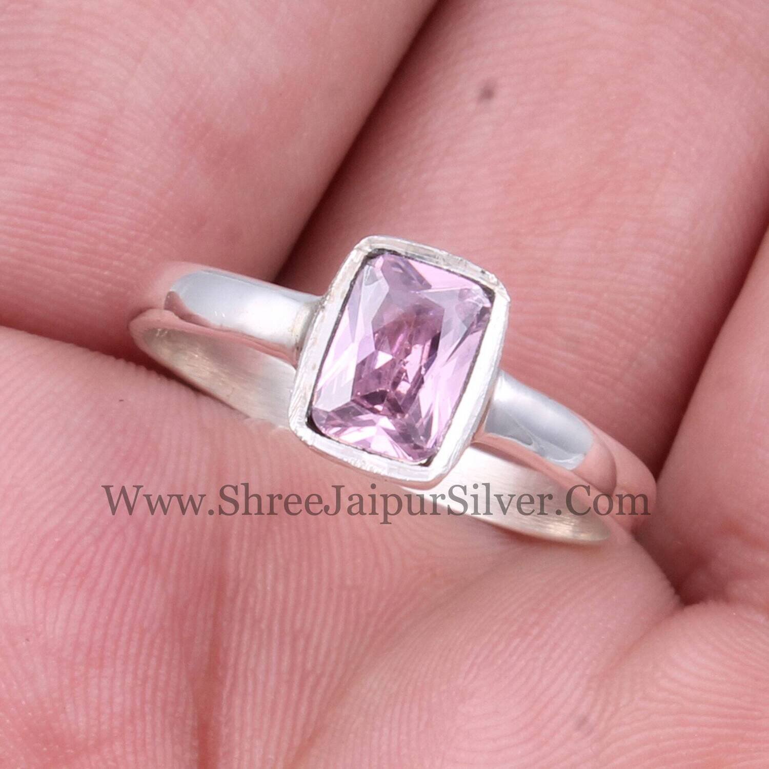 Pink Cubic Zirconia Baguette Cut Stone Solid 925 Sterling Silver Ring For Women, Handmade Zircon Silver Ring For Wedding Anniversary Gifts