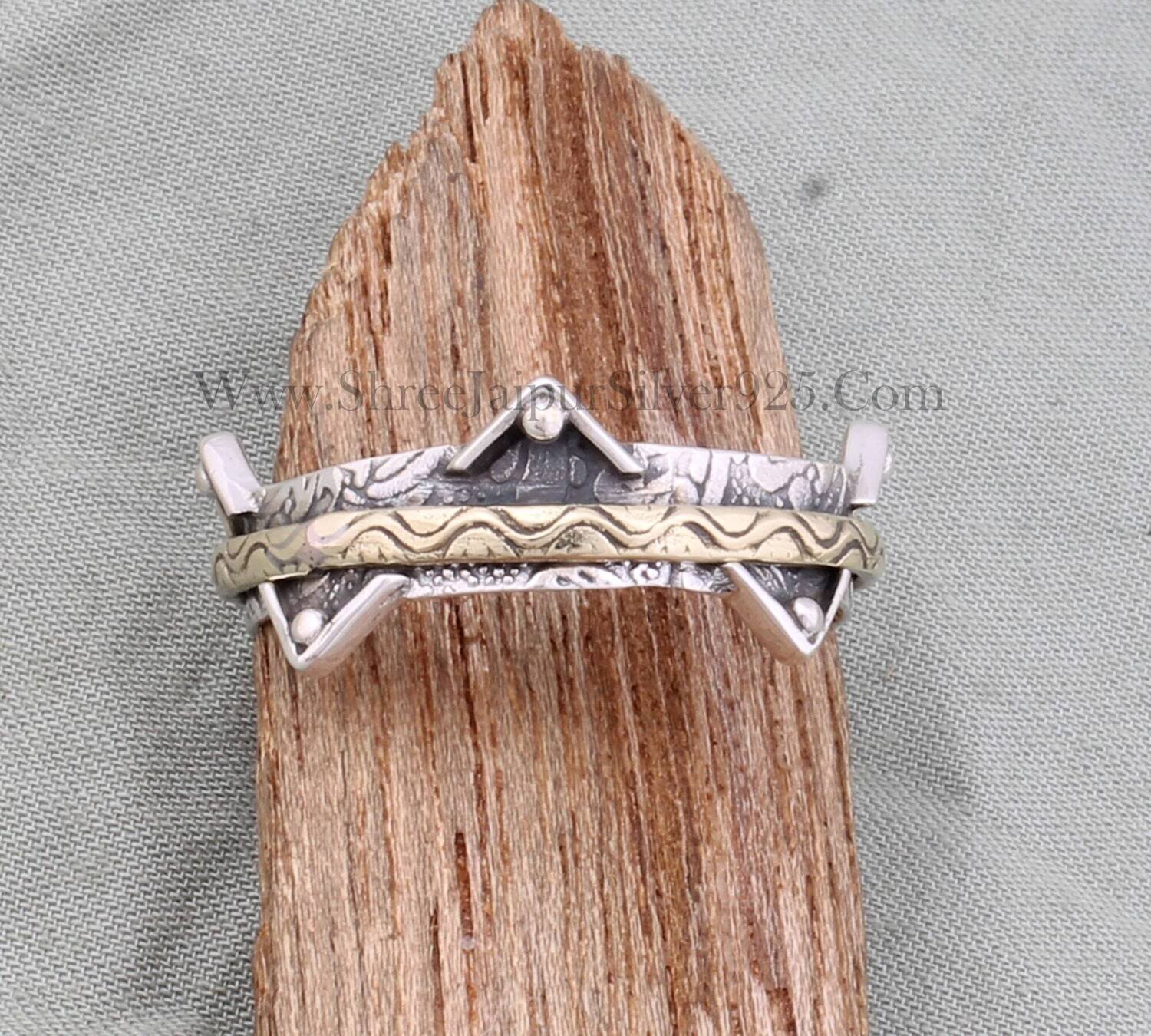Boho Designer Crown Spinner Ring, 925 Sterling Silver &amp; Brass Handmade Antiqued Silver Two Tone Carved Spinner Ring, Valentine's Day Jewelry