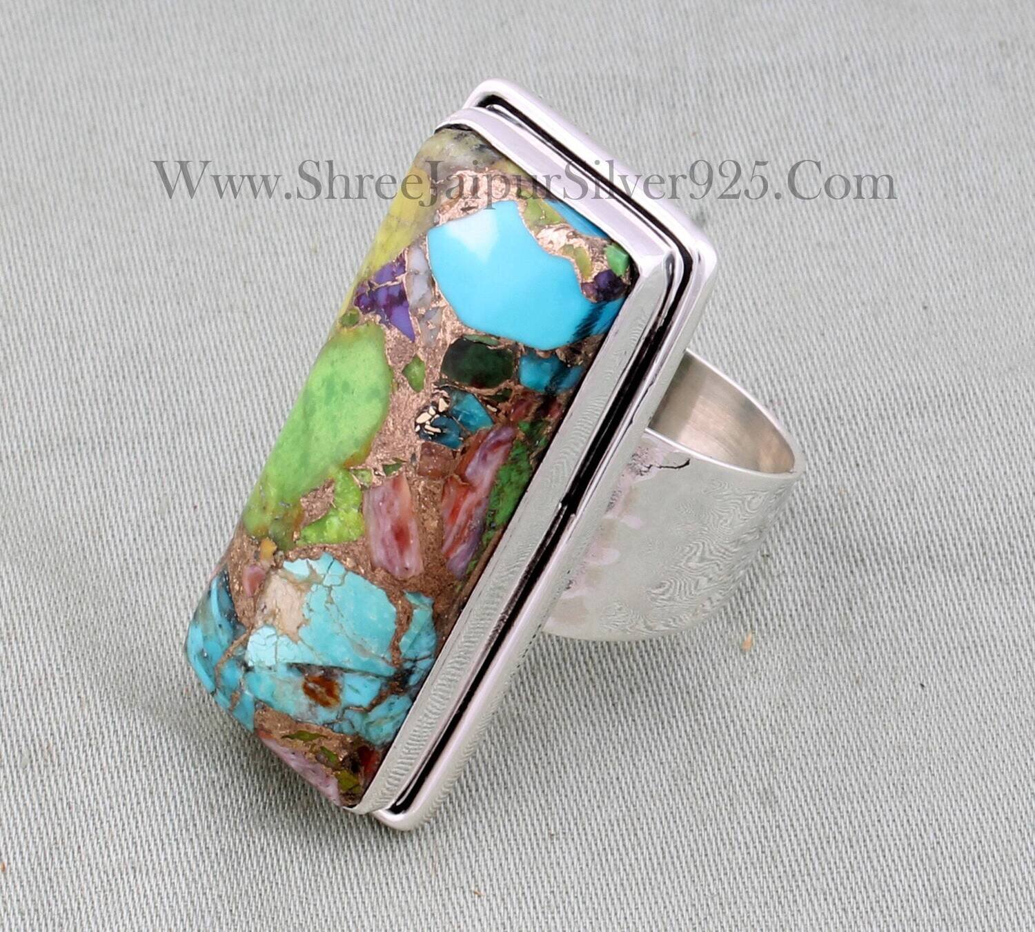Mix Copper Turquoise Gemstone Ring, Solid 925 Sterling Silver Ring, Handmade Hammered Bar Band Ring Gifts For Women Wedding Anniversary Idea