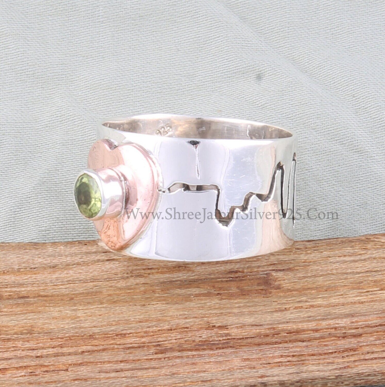 Heartbeat 925 Sterling Silver Peridot Gemstone Rose Gold Heart Ring, Handmade Silver Lifeline Pulse Band Ring, Valentines Day Gift Jewelry