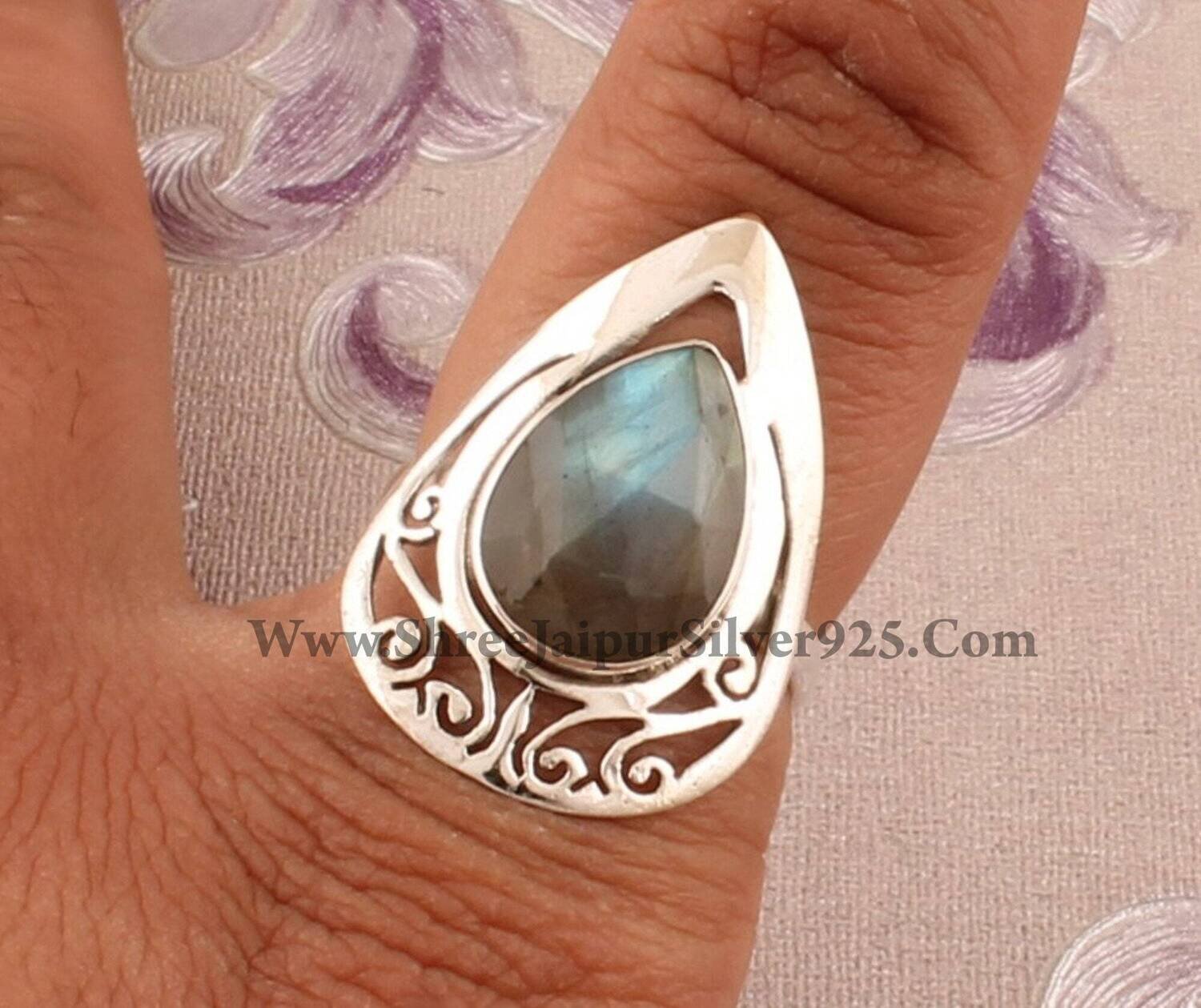 Natural Labradorite Pear Cut Work Silver Ring, 925 Sterling Silver Designer Handmade Ring, Valentines Day Jewelry Gift Idea, Etsy Cyber 2021