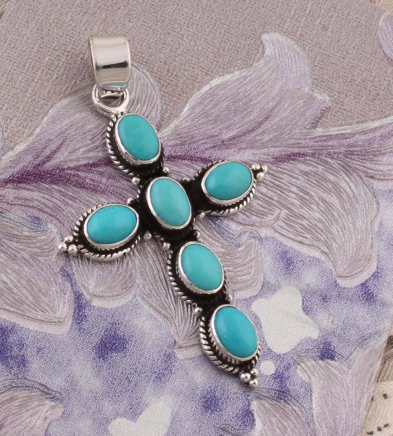 925 Sterling Silver Natural Sleeping Beauty Turquoise Cross Blue Oval Handmade Gemstone Pendant For Women December Birthstone Birthday Gifts