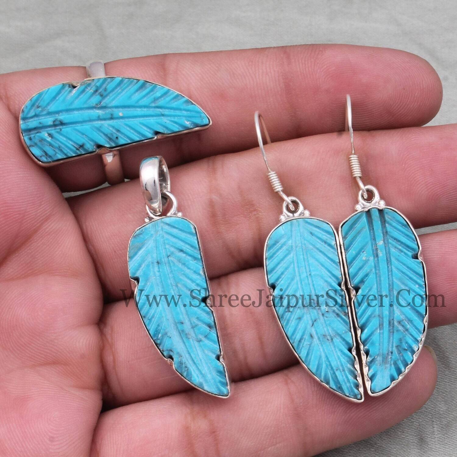 Bridesmaid Turquoise Engraved Feather Gemstone Solid 925 Sterling Silver Jewelry Set For Women, Handmade Gifts For Wedding Anniversary Idea