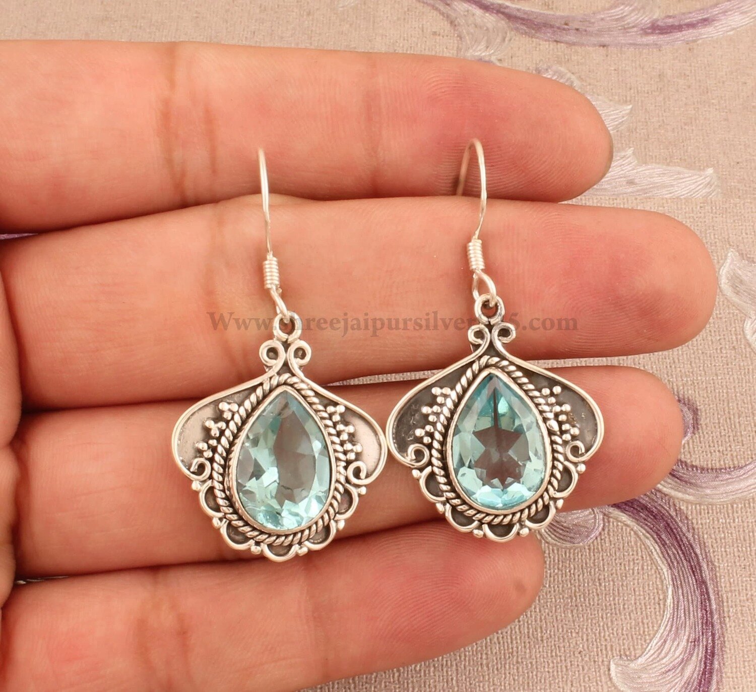 Blue Topaz Pear Cut Solid 925 Sterling Silver Earrings For Women, Handmade Pear Stone Indian Earrings For Wedding Anniversary Gift For Her