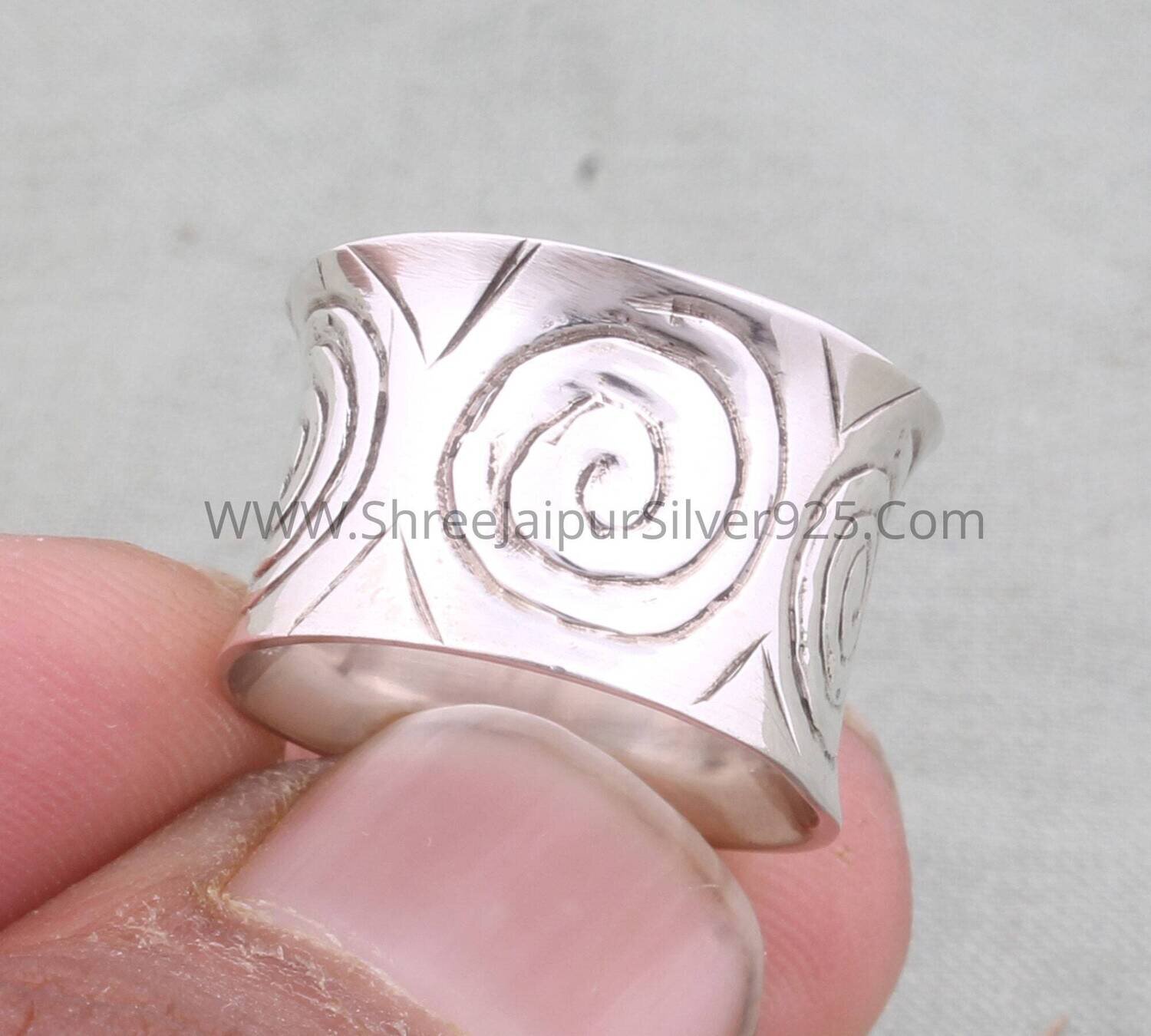 Boho Silver Artisan 925 Sterling Engraved Spiral Band Ring For Women, Handmade Silver Vine Thumb Band Ring For Wedding Anniversary Gifts