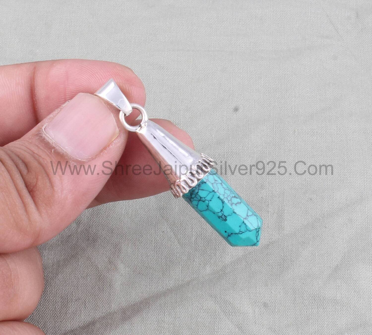 Tibetan Turquoise Pencil Solid 925 Sterling Silver Necklace Pendant, Handmade Pencil Stone Silver Pendant For Wedding Anniversary Gift Idea